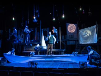 The cast (Liz Chidester, Anand Nagraj, Ashley Pankow, Cody Proctor, Edward Rosini, Jake Saleh, Marisa B. Tejeda) of KCRep's 2022 production of THE OLD MAN AND THE OLD MOON, featuring scenic and costume design by Lydia Fine, and lighting design by Bart Cortright.