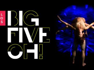 Pilobolus 'Big Five Oh!' female dancer lays on the back of standing male dancer